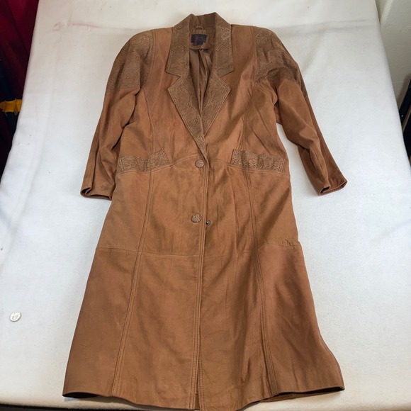 Cayenne Jackets & Blazers - Cayenne Womens Brown Leather Trench Coat Snakeskin Embossed Trim Duster Size M